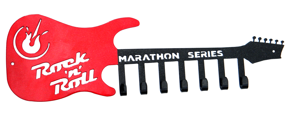 Rock n Roll Marathon Guitar Black & Red Sparkle 7 Hook Medal Display Hanger
